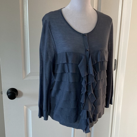 Ann Taylor large cardigan blue button down ruffles - Picture 2 of 11